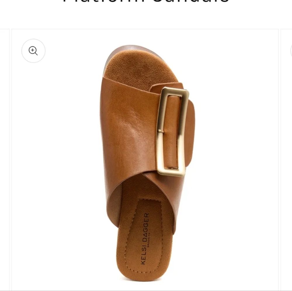 Kelsi Dagger Tan Platform Slides with Gold Buckle